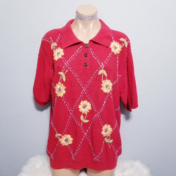 Vintage 90's 2000's retro Y2K flower embroidered Grannycore sweater top blouse - Picture 1 of 6